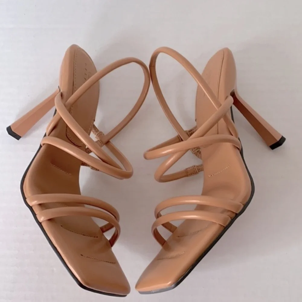 ASOS DESIGN strappy heeled sandals in camel, size 11